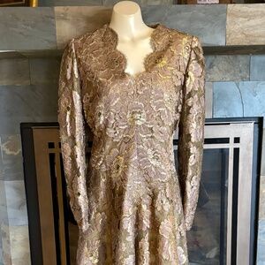 60s Pauline Trigere Hollywood Designer Bronze Gold Lace Cocktail Dress L
